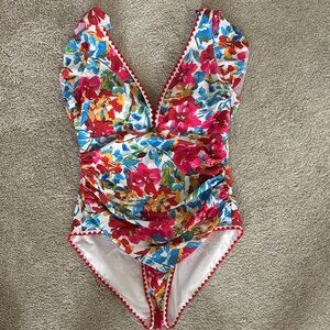 Floral One-Piece Swimsuit with Pink & Blue Accents